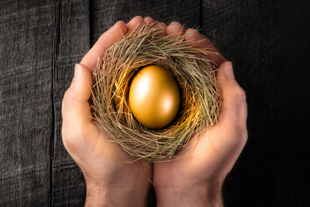 hand holding nest with golden egg