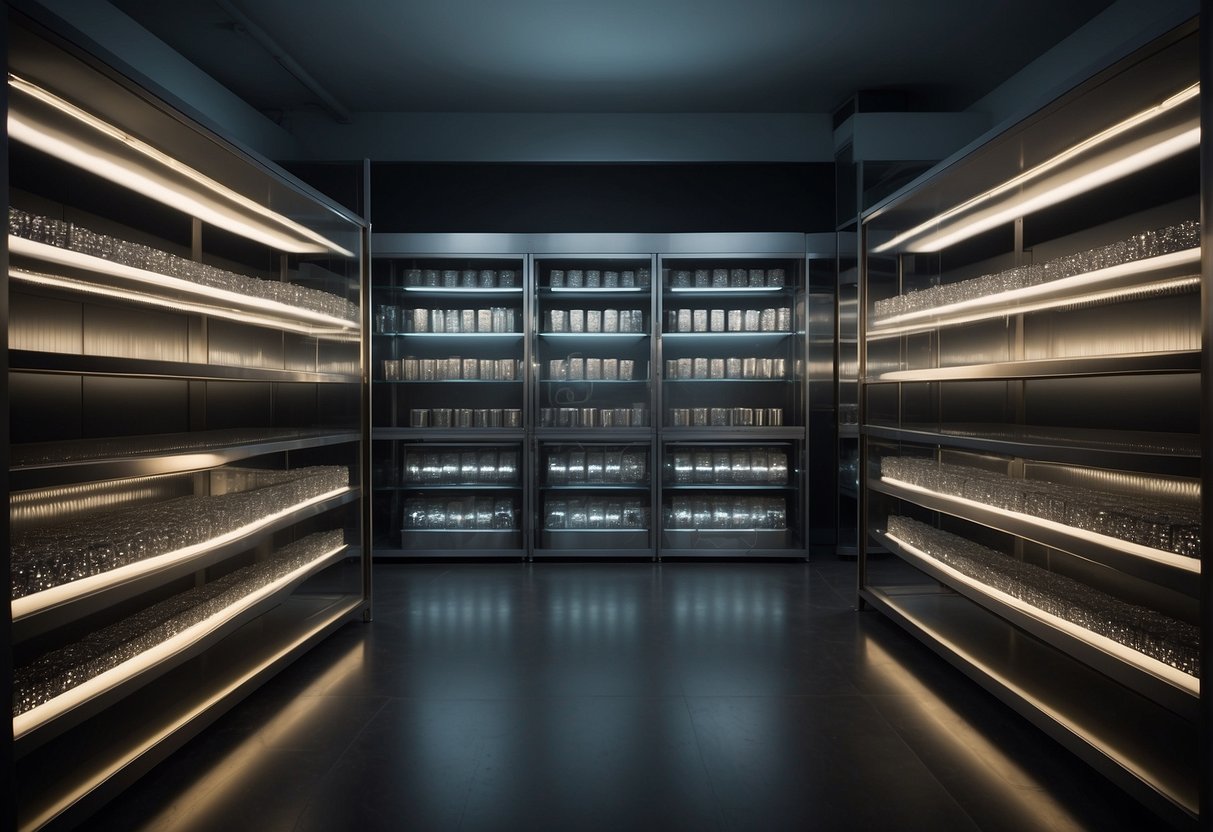 A dimly lit room with rows of shelves holding shiny silver objects, reflecting the soft glow of the overhead lights