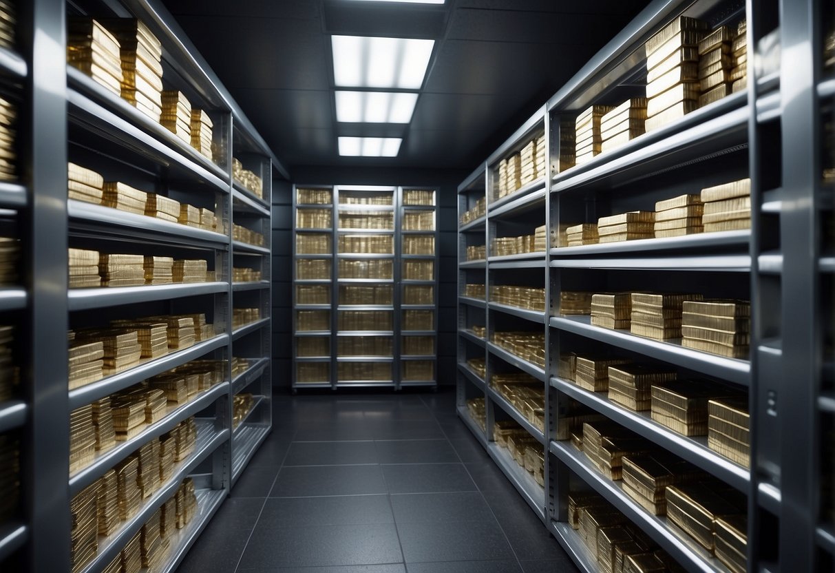 A secure vault with rows of shelves holding neatly stacked silver bars and coins. The room is well-lit with a digital security system in place