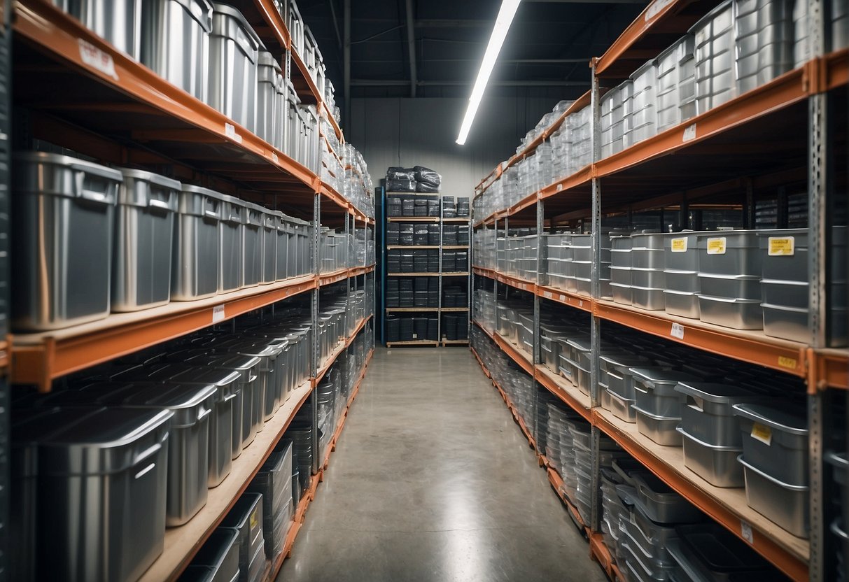 Shelves lined with silver storage containers, neatly organized in a warehouse setting