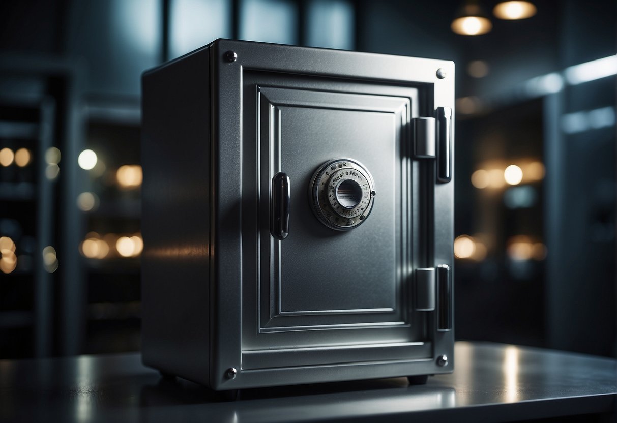 A sturdy silver safe sits in a dimly lit room, surrounded by high-tech security measures