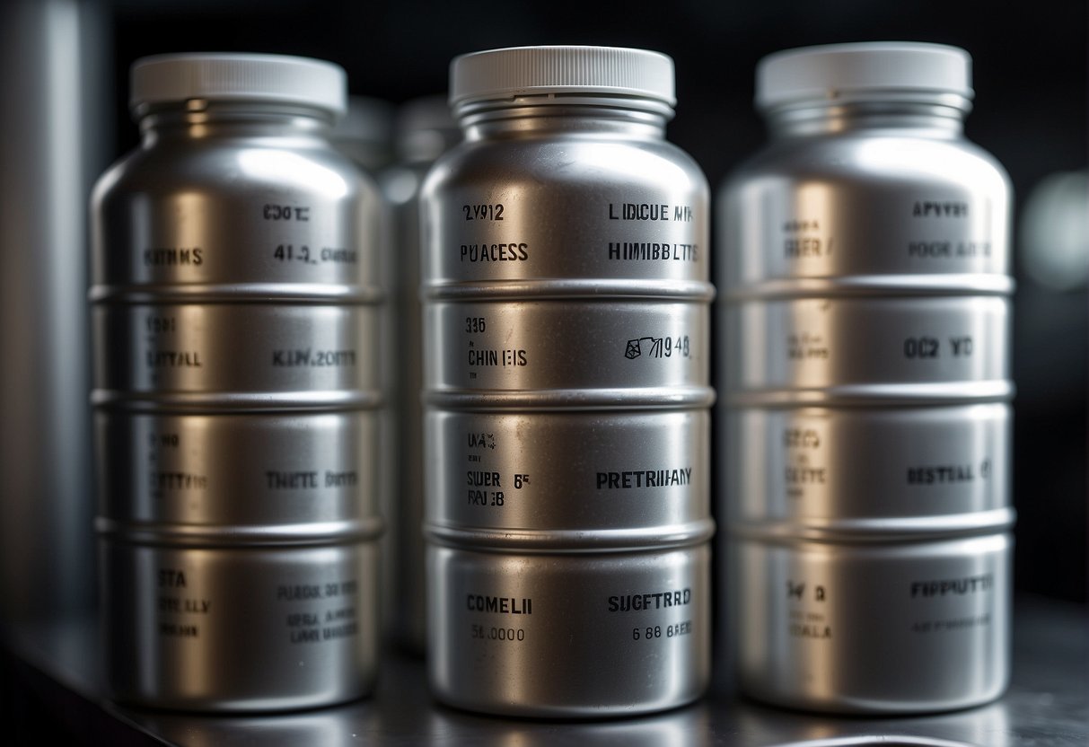 Silver containers stacked neatly in a cool, dry room. Labels indicate contents and expiration dates. Temperature and humidity are carefully monitored