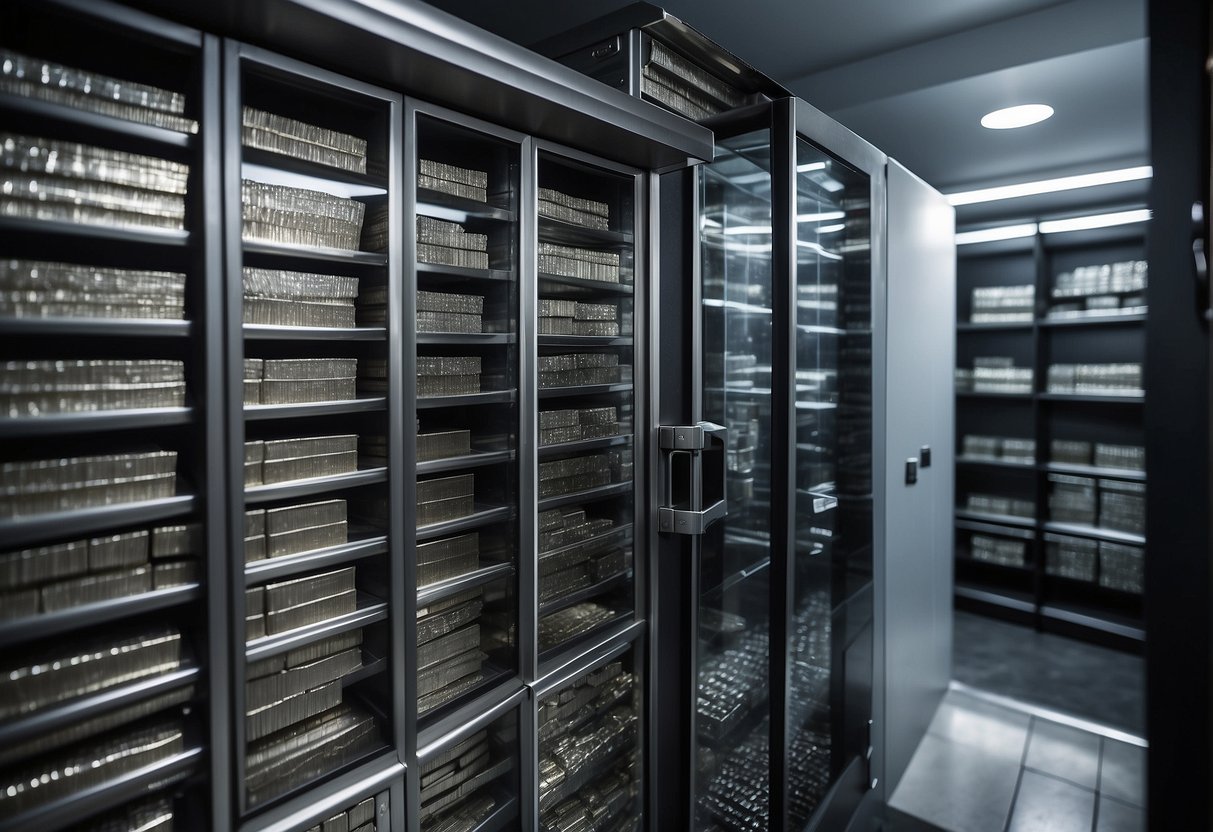 A secure room with shelves of neatly organized silver bars and coins, protected by a heavy-duty safe and security cameras