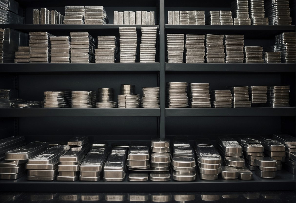 A variety of silver storage options, including silver bars, coins, and jewelry, are neatly organized in a secure and well-lit storage facility