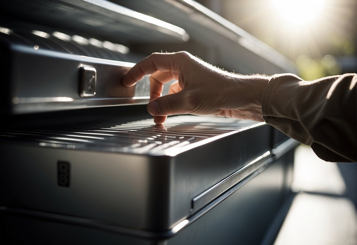 A hand reaches for a silver storage container on a shelf. Sunlight glints off the metal surface