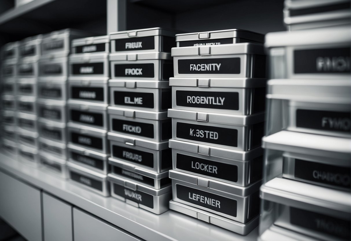 A stack of silver storage boxes labeled "Frequently Asked Questions" sits neatly arranged on a shelf