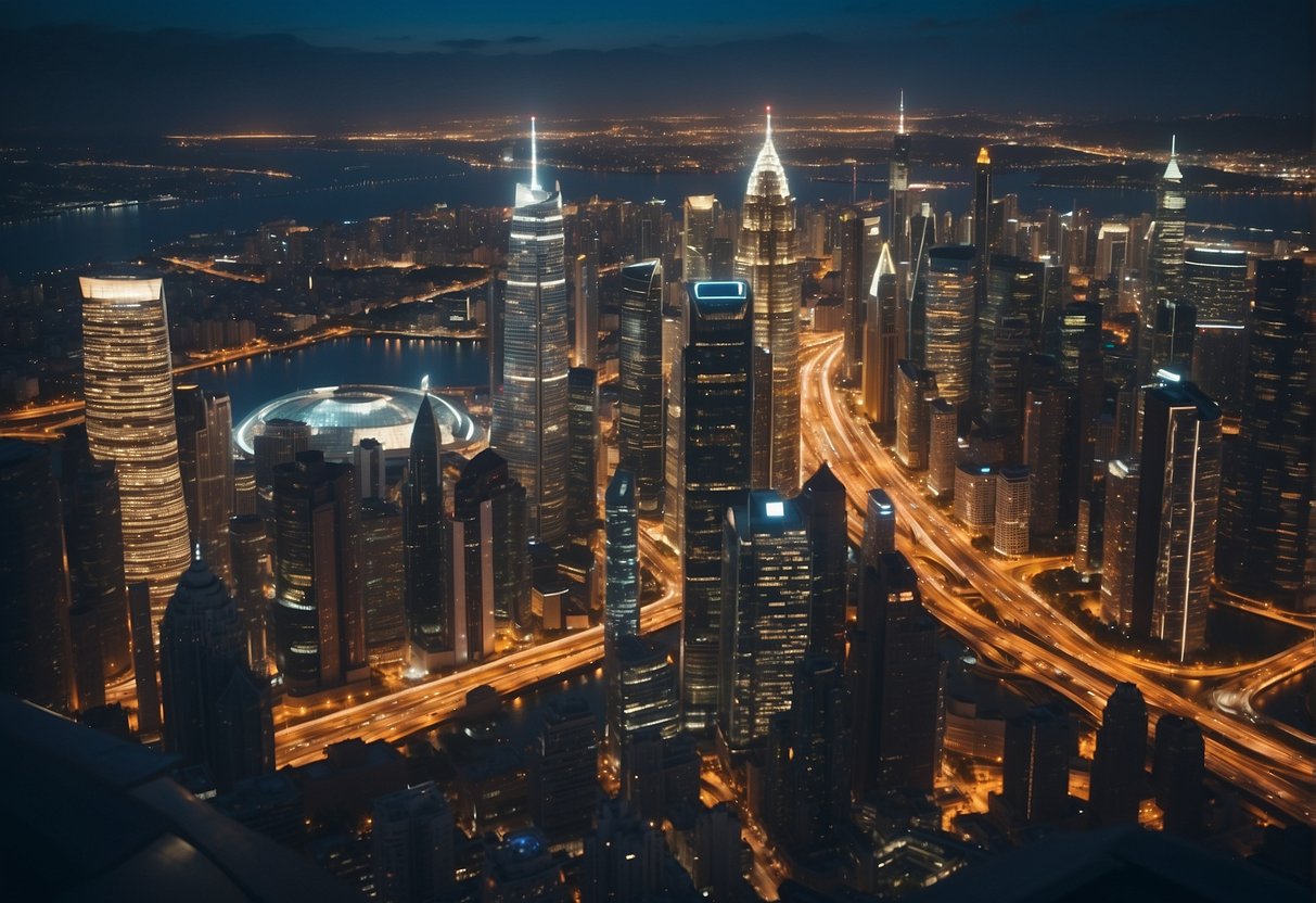 A bustling city skyline with various sectors and themes represented such as finance education healthcare and infrastructure all interconnected and thriving