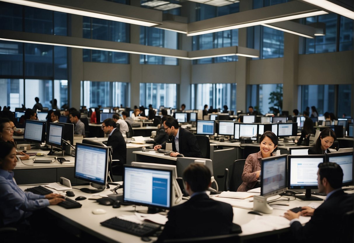 A bustling office with diverse staff collaborating on data analysis and project planning at the World Bank headquarters