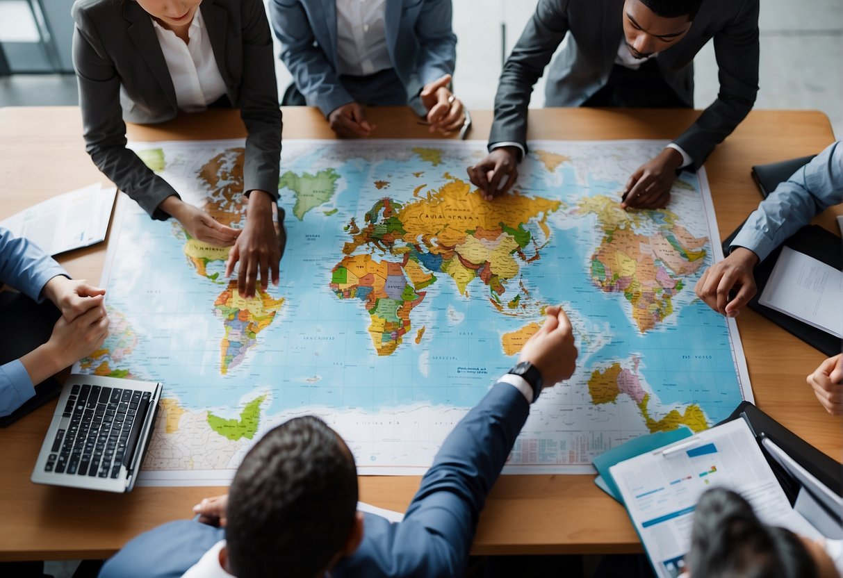 A diverse group of people from different countries gather around a table discussing regional and country-specific programs Maps and charts are spread out showing various data and statistics