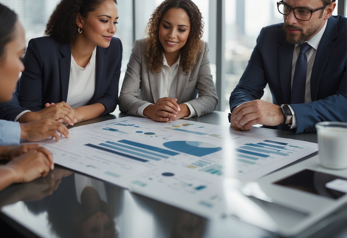 A group of diverse individuals gather around a table engaged in discussion and decision-making Charts and graphs adorn the walls symbolizing data-driven leadership