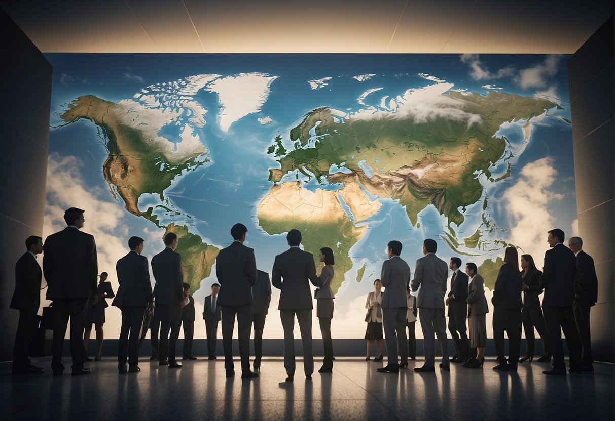 A group of diverse individuals gather around a world map discussing global initiatives and partnerships The World Bank logo is prominently displayed in the background