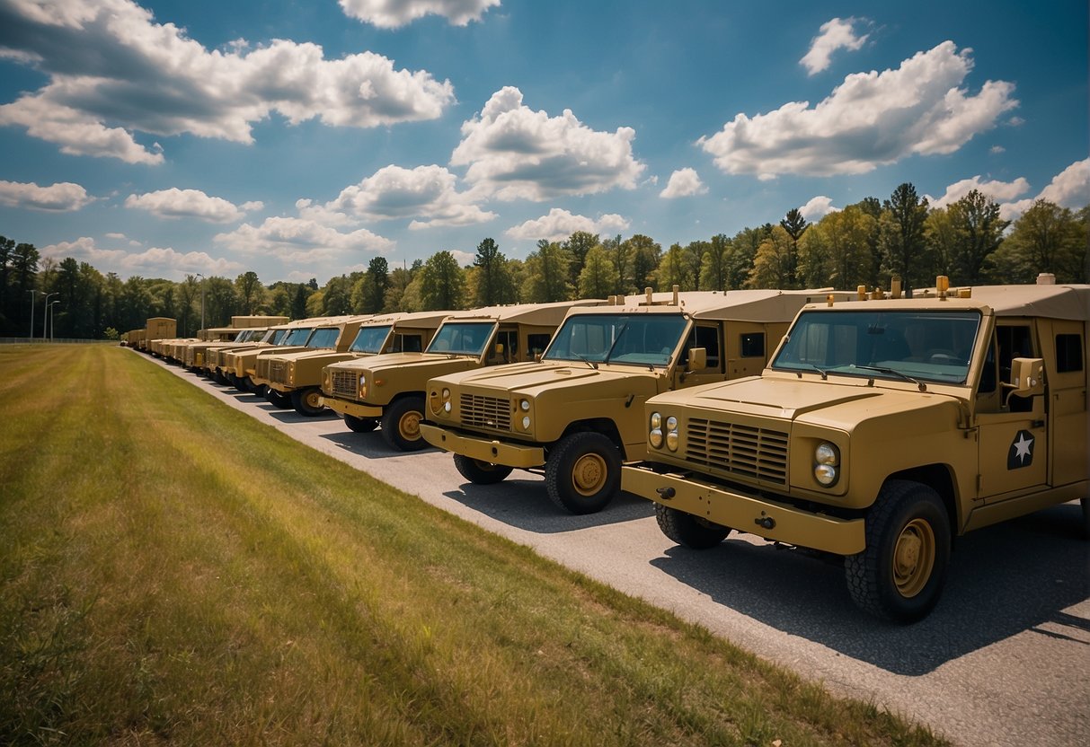 A line of military vehicles guards the perimeter of Fort Knox where the iconic gold bullion depository gleams in the sunlight