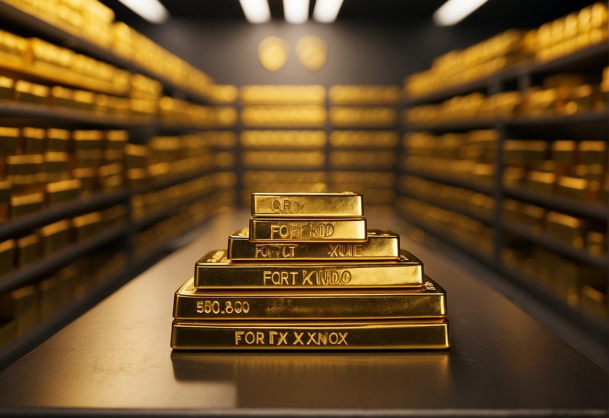A pile of gold bars stacked in the vault at Fort Knox with a sign reading Frequently Asked Questions about Fort Knox Gold next to it