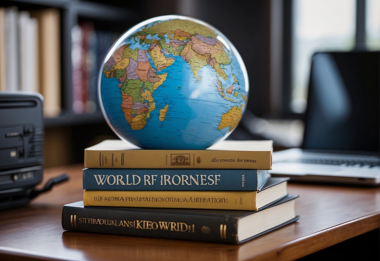 A stack of books labeled Resources and Additional Information World Bank on a desk with a globe and laptop