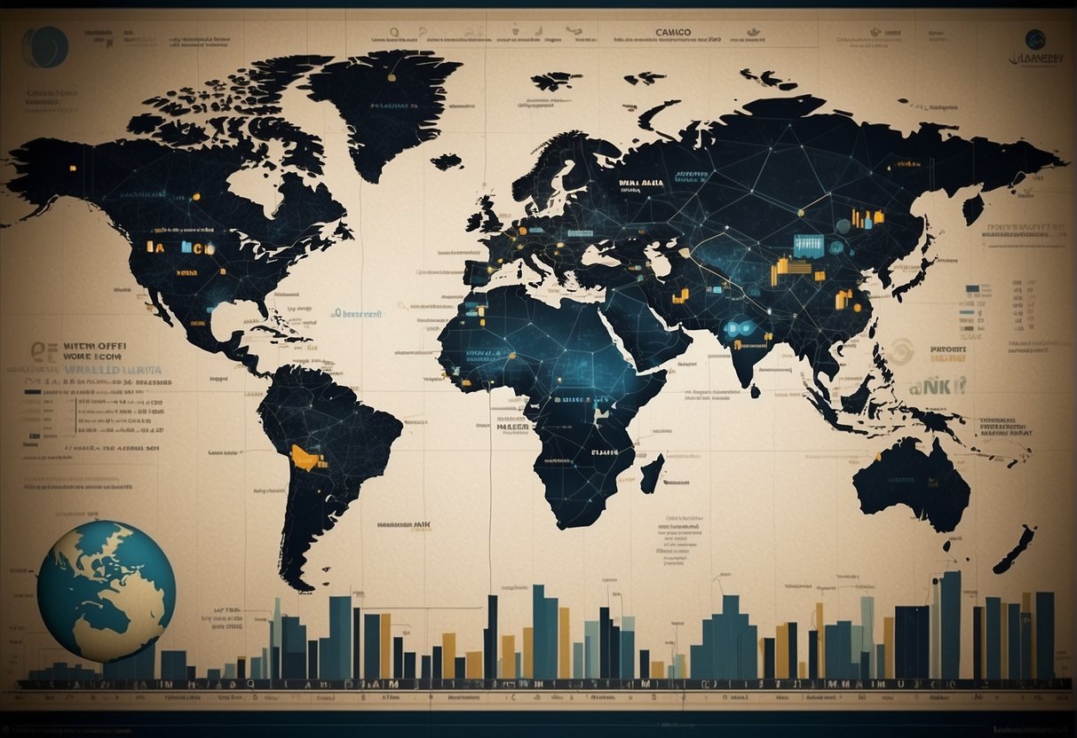 A world map with economic and data analysis graphs and charts displayed in the background with the World Bank logo prominently featured