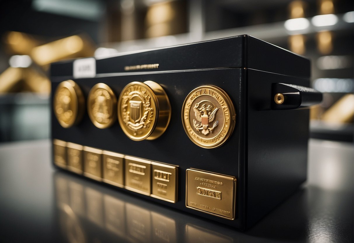 Fort Knox gold and valuables stored in a secure vault surrounded by armed guards and high-tech security measures