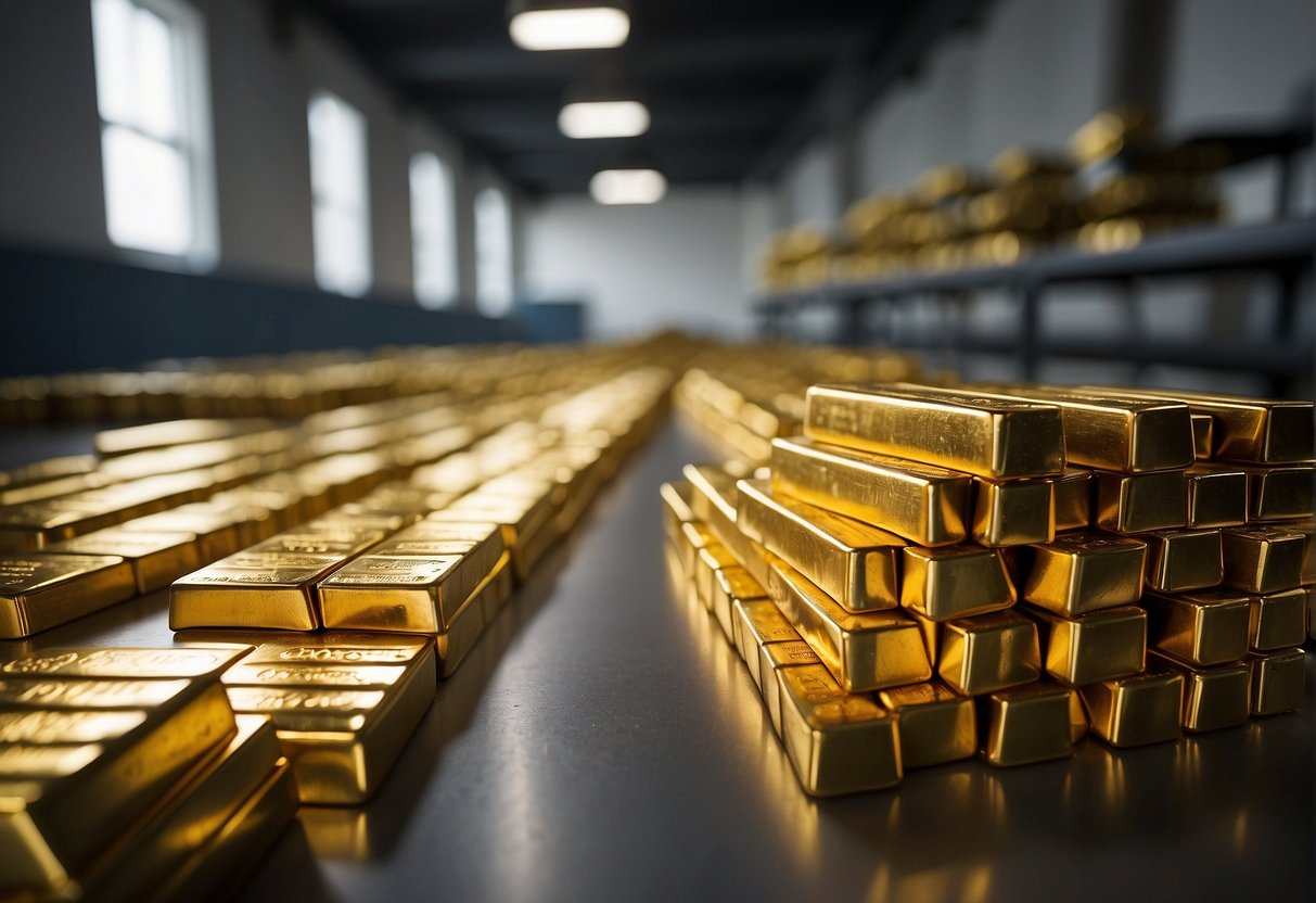 The United States Bullion Depository at Fort Knox holds a vast amount of gold bars stacked neatly in rows with armed guards patrolling the perimeter