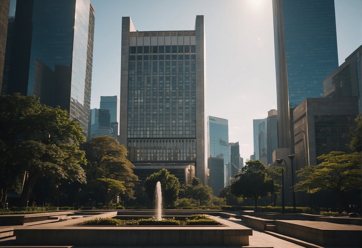 The World Bank building stands tall and modern surrounded by bustling city streets and towering skyscrapers thumbnail