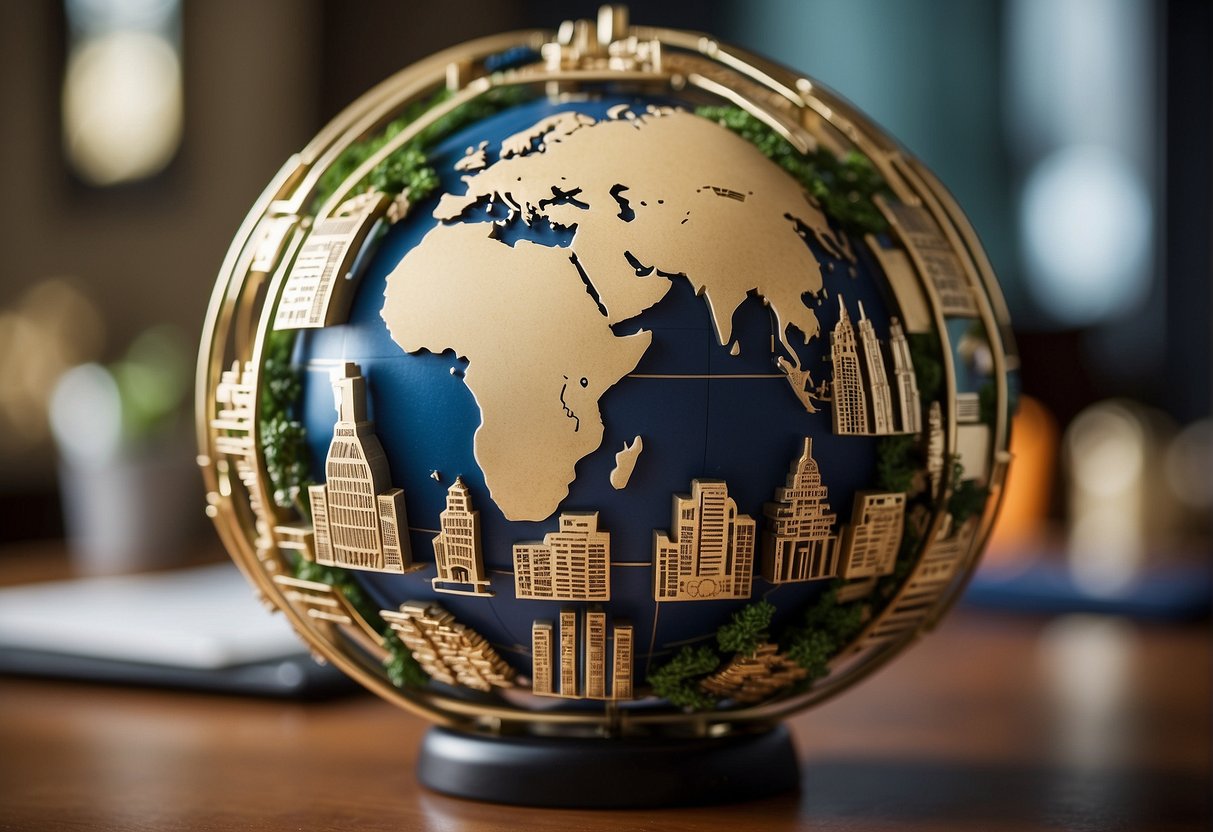 World Bank logo on a globe surrounded by icons representing economic growth poverty reduction and sustainable development