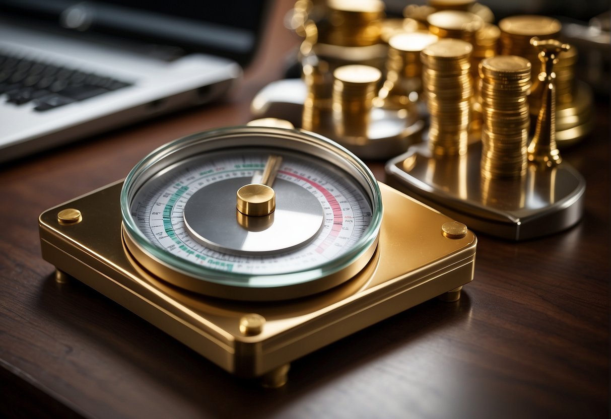 A scale with gold and silver bars, showing the ratio. Charts and graphs on a desk, with a computer displaying trading data