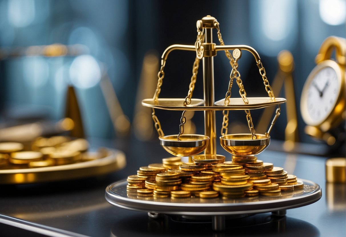 A scale with gold and silver bars, showing the ratio. A chart displaying trading options