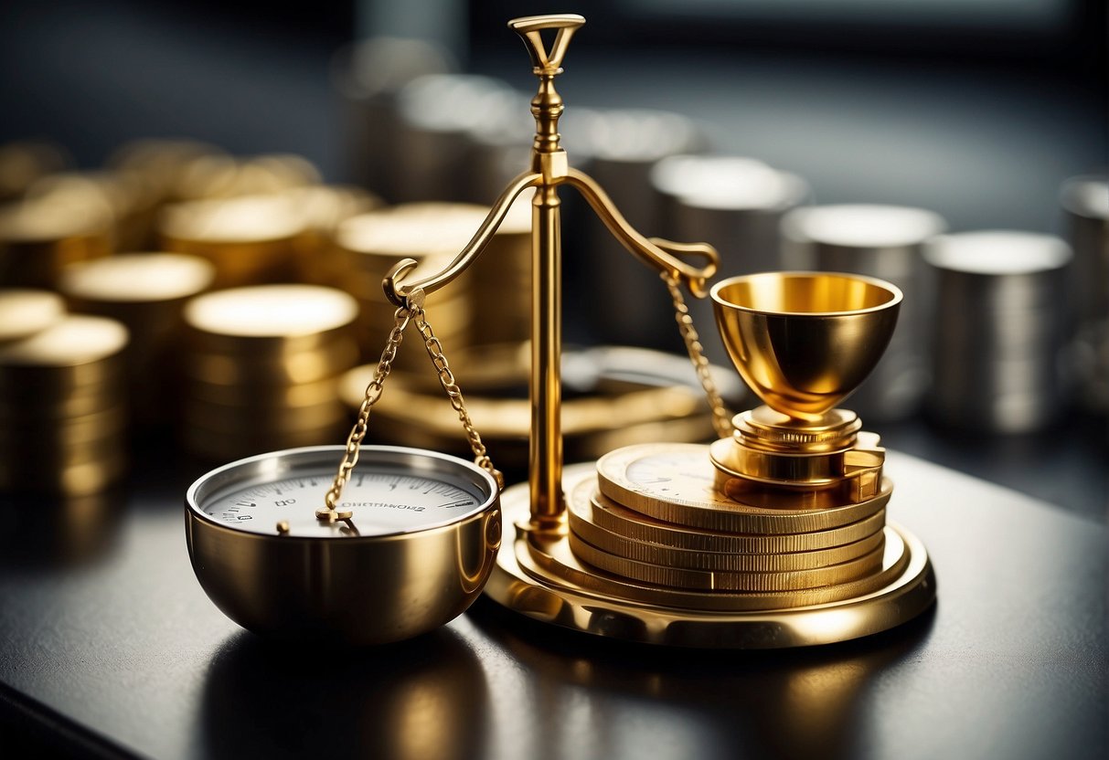 A scale with gold and silver bars, showing the ratio. Charts and graphs in the background, indicating market analysis