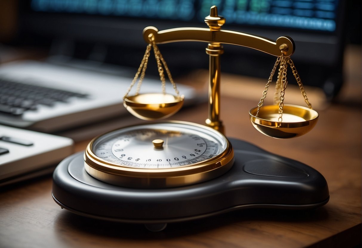 A scale with gold and silver bars in a 75:1 ratio, surrounded by trading charts and graphs