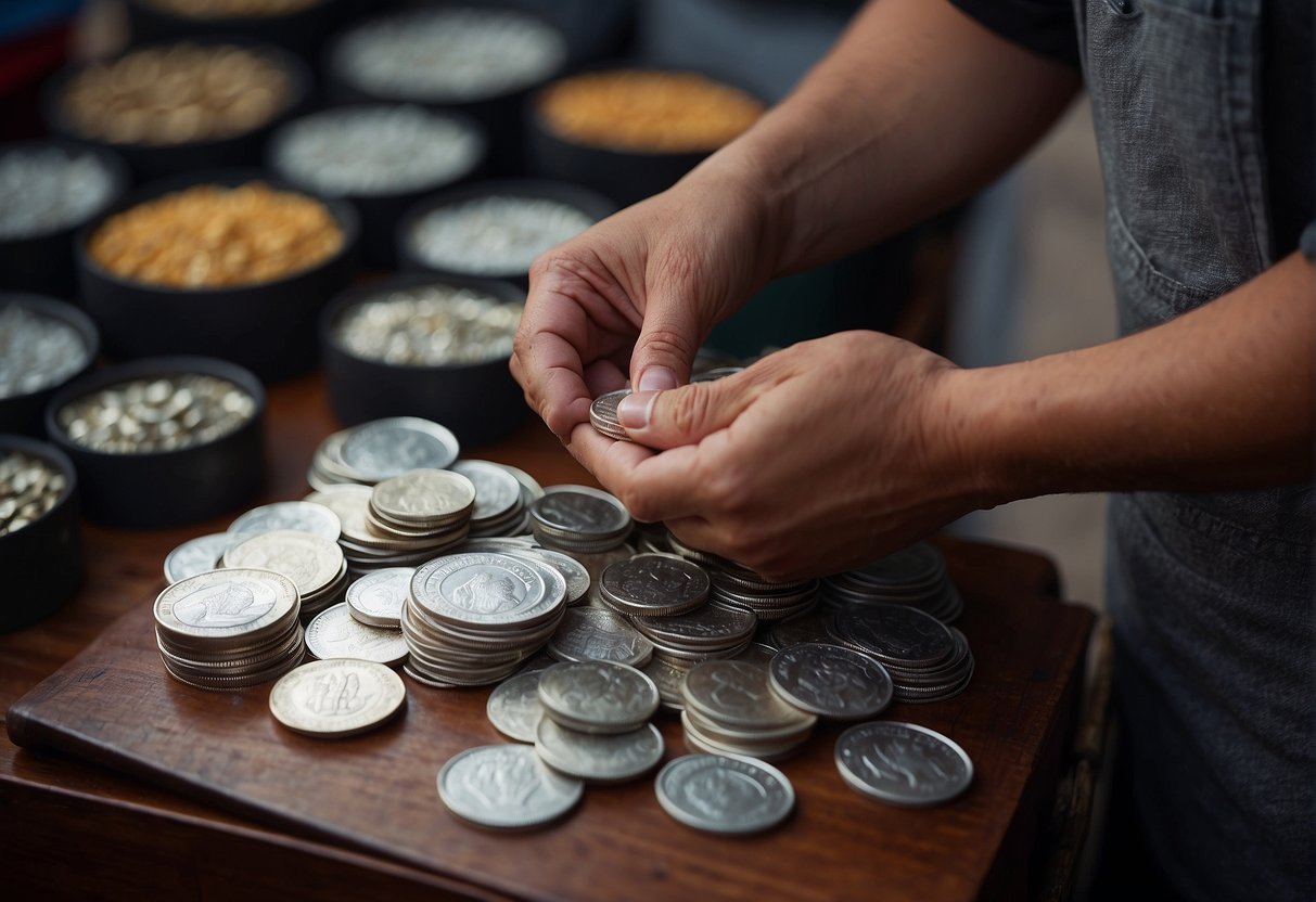 A merchant exchanging silver coins for goods at a market stall Silver coins are displayed and being traded for various items | Metals Edge A merchant exchanging silver coins for goods at a market stall Silver coins are displayed and being traded for various items