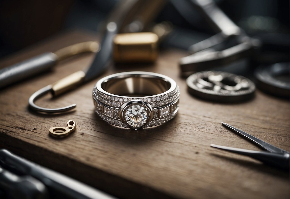 A platinum ring being carefully crafted by a jeweler with various tools and raw materials scattered around the workbench