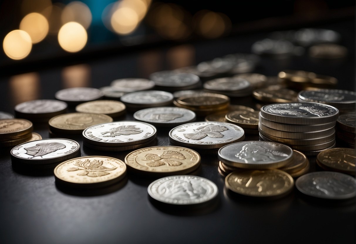 A table displays various silver coins in different denominations, with a spotlight highlighting their shine and value