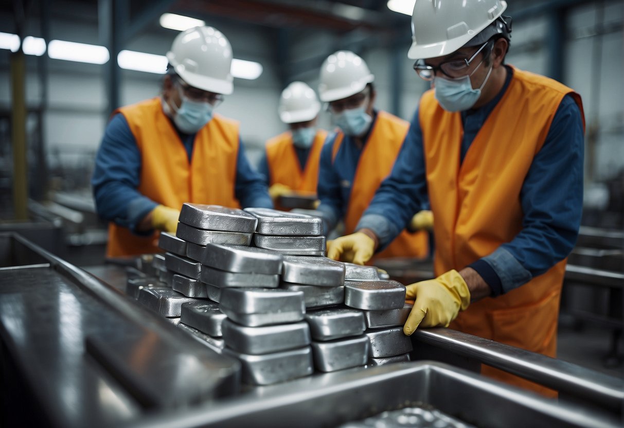 Platinum ingots being poured into molds at a manufacturing plant Machinery and workers in protective gear surround the production area