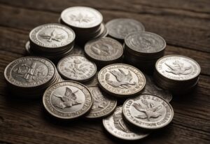 Several fractional silver coins scattered on a rustic wooden table for bartering