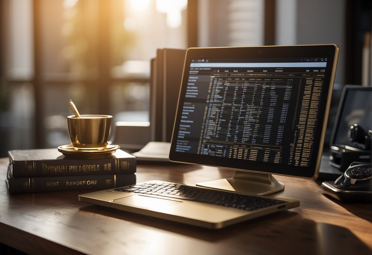 desk with books and keyboard and screen