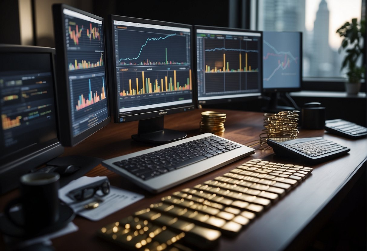 image of office desk with trading screens on the computer