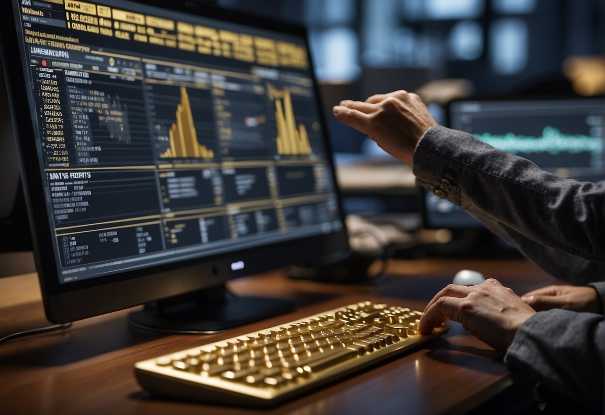 man at desk typing on gold keyboard looking at a chart on the computer