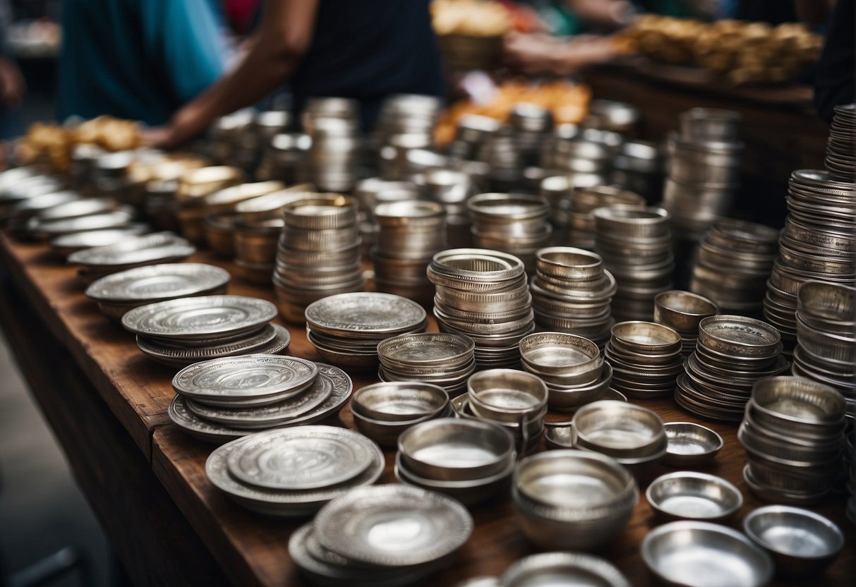 A bustling marketplace with diverse cultural symbols and artifacts showcasing the economic and social significance of silver in different societies