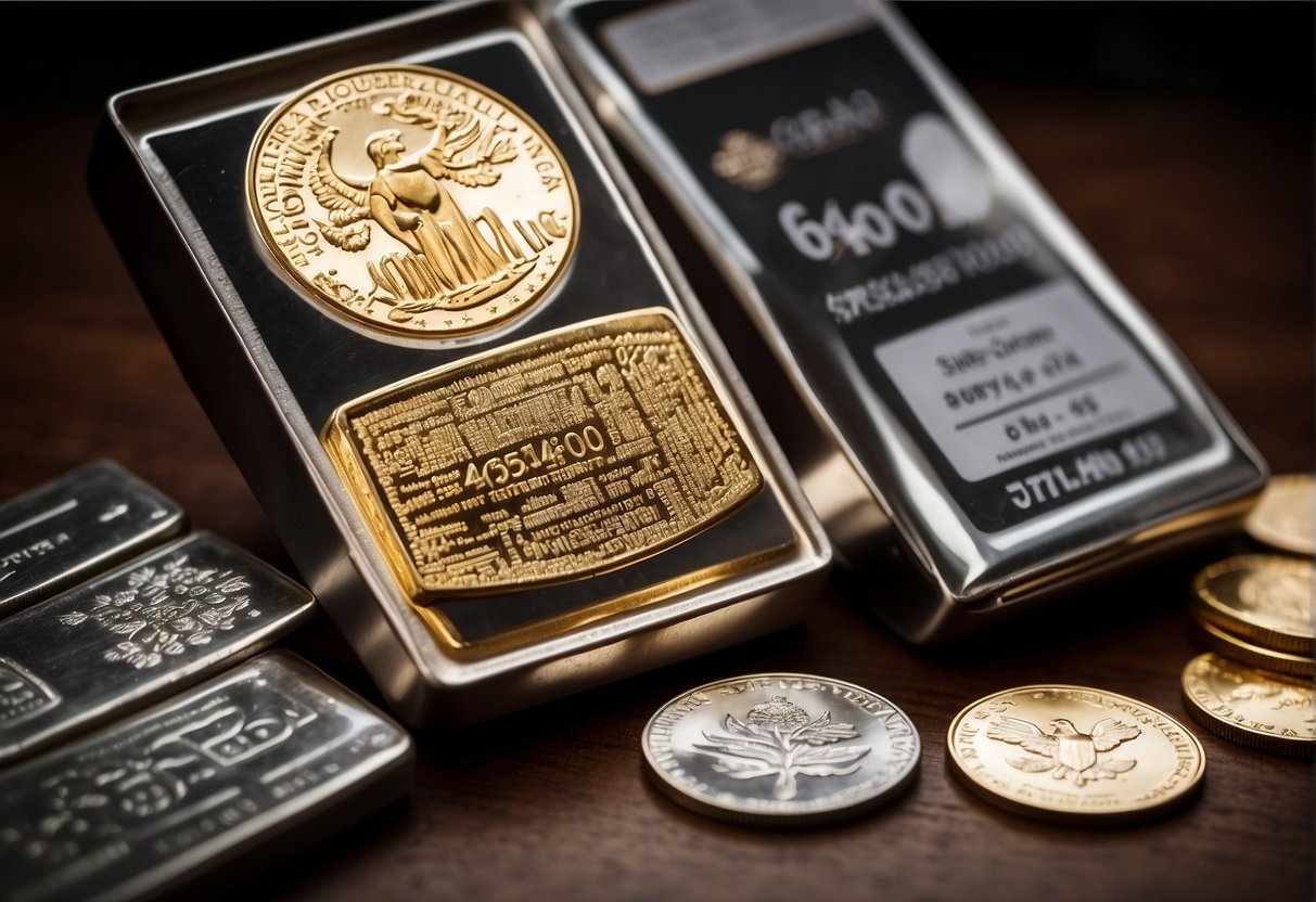 A display of physical precious metals such as gold and silver bars and coins next to a chart or graph representing ETF performance