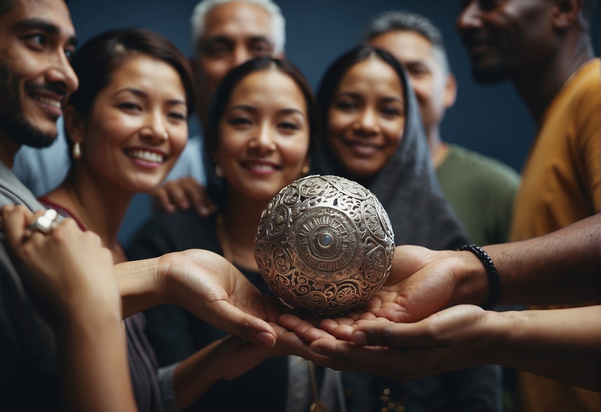 A diverse group of people from various cultures gather around a central silver object symbolizing its significance in different societies