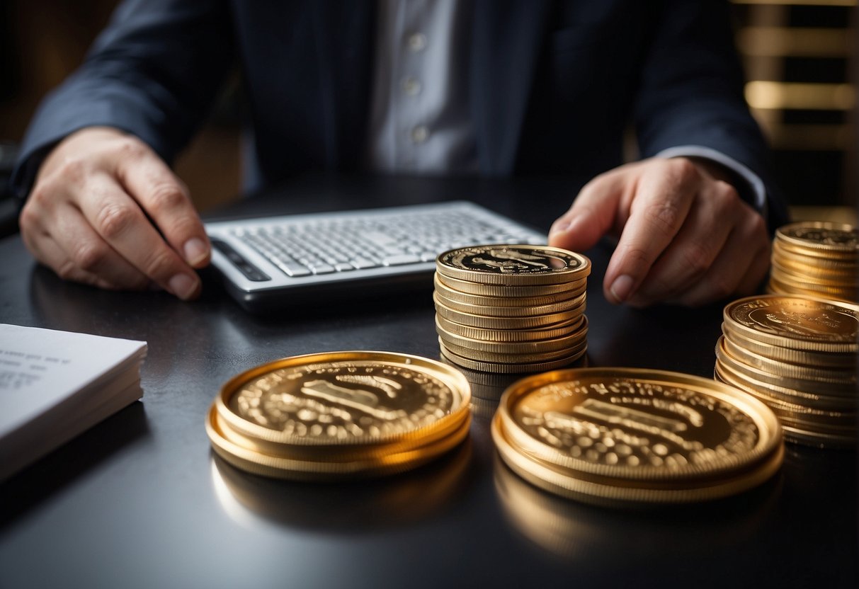 A person weighing physical gold and silver in hand with ETF certificates in the other hand pondering the benefits of tangible assets over paper investments