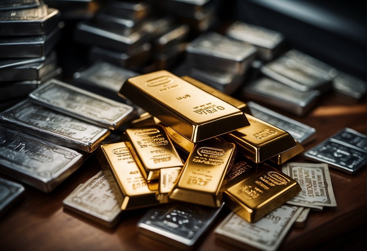 God's Money - A pile of gold and silver bars gleaming in a secure vault surrounded by paperwork and charts showing the volatility of ETF investments