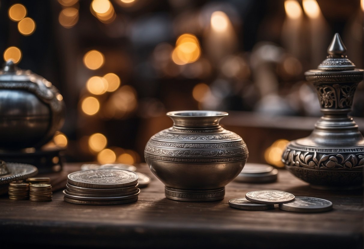 A silver coin being exchanged in an ancient market a silver ornament adorning a religious idol and a silver ceremonial vessel being used in a traditional ritual