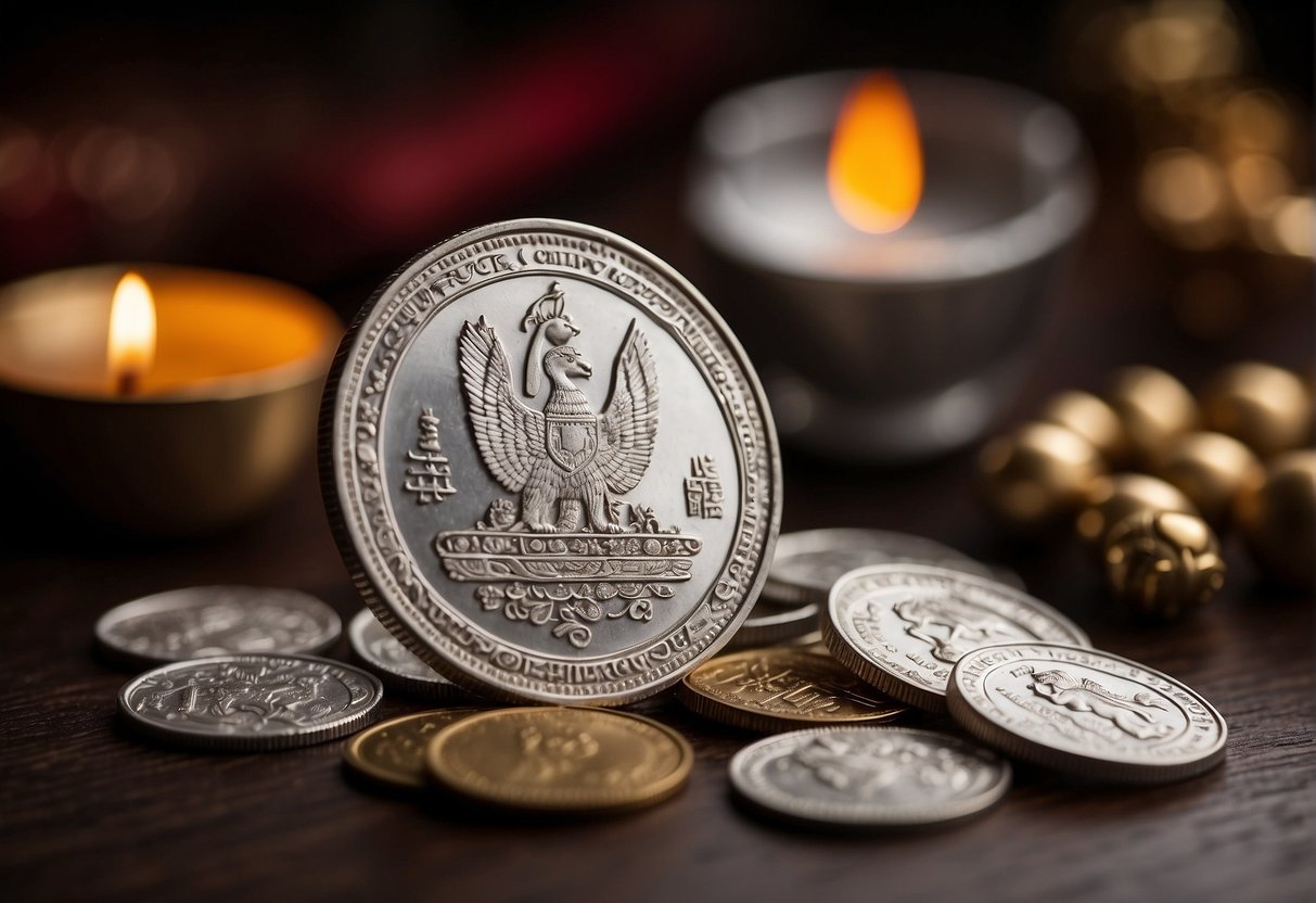 A silver coin being offered as a traditional gift in a ceremonial setting surrounded by symbolic objects representing various cultural beliefs and traditions