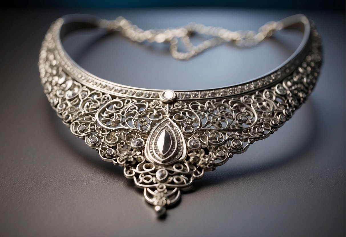 A silver necklace gleams against a backdrop of intricate silver patterns symbolizing wealth and status in various cultures