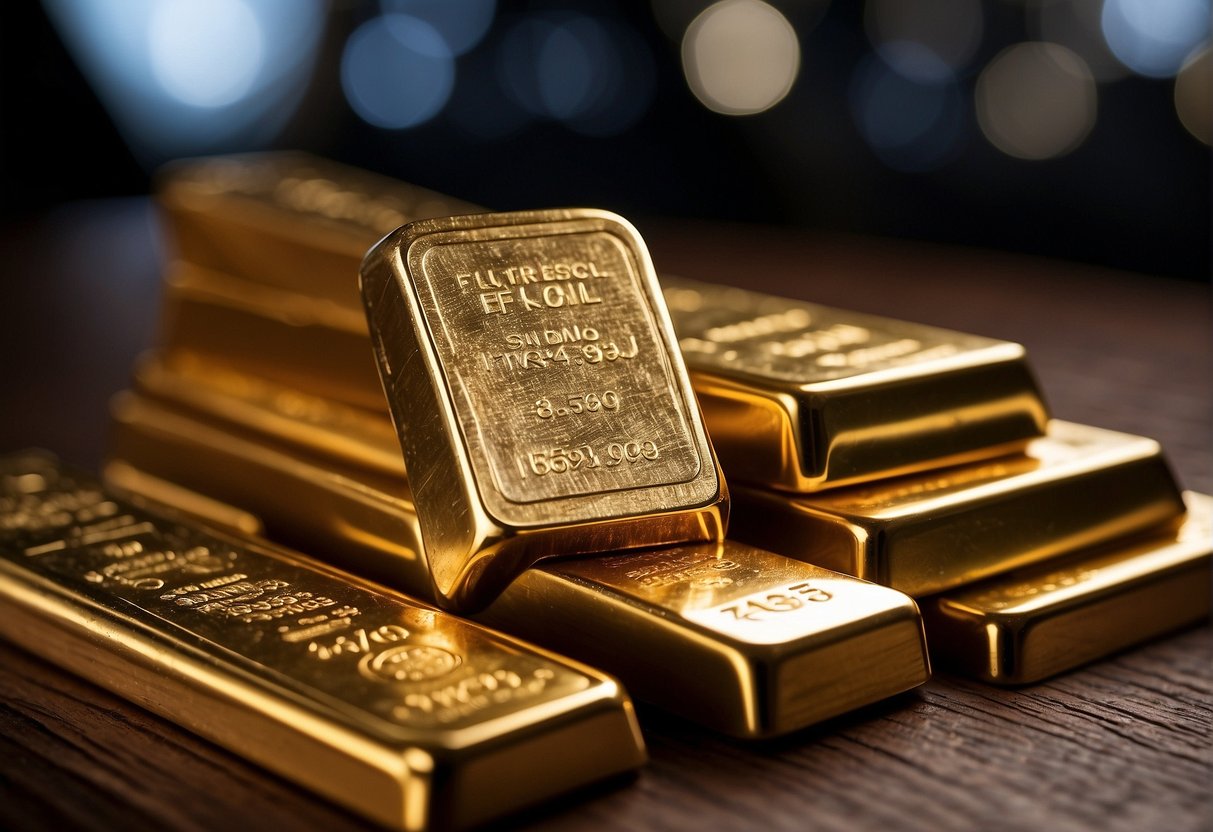 A stack of physical precious metals such as gold and silver bars displayed next to a chart comparing their value to ETFs