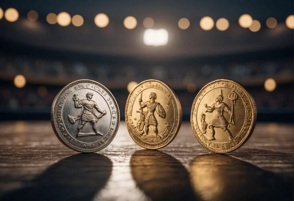 Global currencies clash depicted as gladiators in an arena One currency stands victorious while others lay defeated symbolizing the impact of trade wars on economic stability