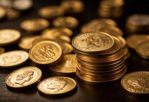 gold coins stacked on a table