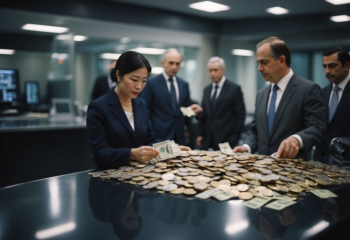 asian woman going through a pile of paper cash money and coin money