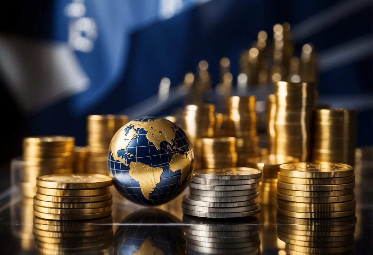 globe next to stacks of gold and silver coins