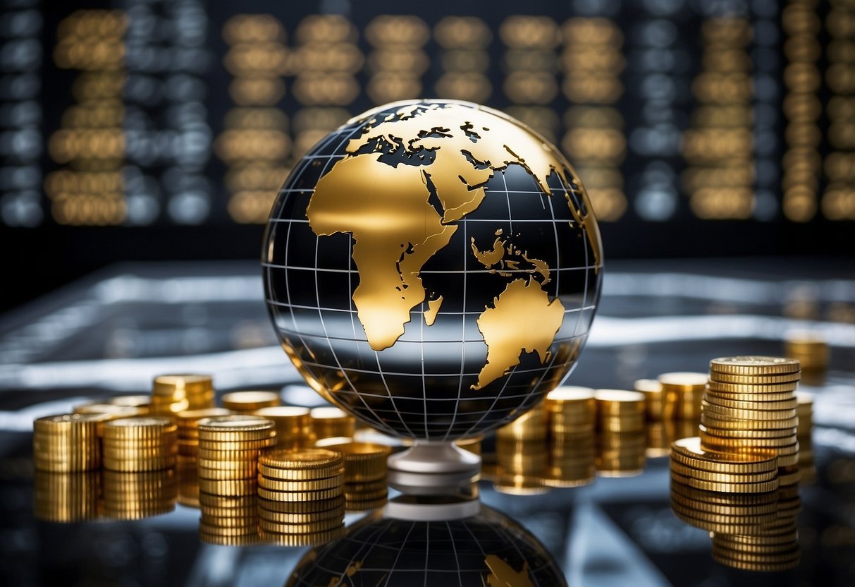 globe on a table with stacks of gold and silver