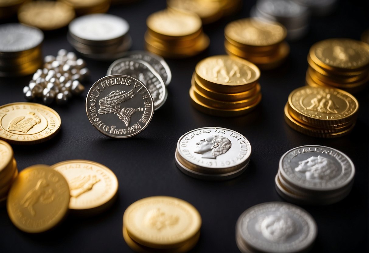 gold and silver coins on blue felt